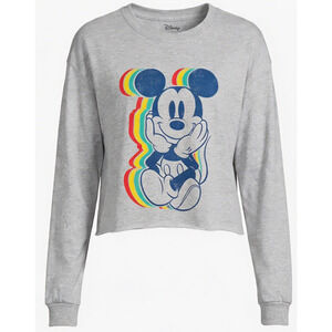 Disney Mickey Mouse Rainbow Graphic Long Sleeve Crop Shirt Womens Large Gray NWT